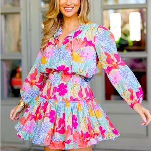 Sincerely Ours Freya Dress floral colorful mini full skirt long sleeve small
